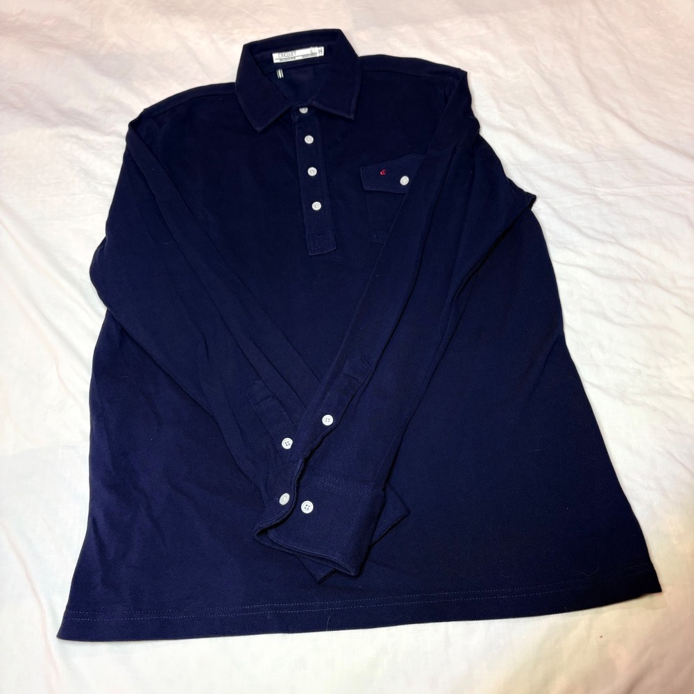 Criquet Mens Players Shirt Navy Blue Organic Cotton Long Sleeve Polo Large